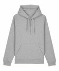 The Stanley/Stella SX789 is a plain gray hoodie featuring a front pocket and a drawstring hood, with long sleeves and a relaxed fit, laid flat on a white background.