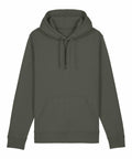 The Stanley/Stella SX789 hoodie, in a plain olive green color, is displayed against a white background. It features a front kangaroo pocket and drawstrings at the hood.