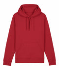 A Stanley/Stella SX789 hoodie in plain red, featuring long sleeves, a front pocket, drawstrings, and an attached hood, displayed against a white background.