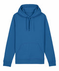 The blue hoodie, known as the SX789 by Stanley/Stella, features a front pocket and drawstring hood. Displayed flat, it highlights its long sleeves and minimalist design.