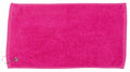 A bright pink rectangular towel from Towel City, featuring a silver grommet in one corner with an attached clip. Product Name: TC013.