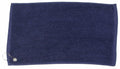 A Towel City TC013 towel, featuring a dark blue terry cloth material with a small metal grommet and hook in the bottom left corner, is laid flat. The design of the towel is simple and plain.