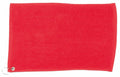 The Towel City TC013 is a vibrant red rectangular towel featuring a metal grommet and ring in one corner, crafted from soft fabric with a textured appearance.