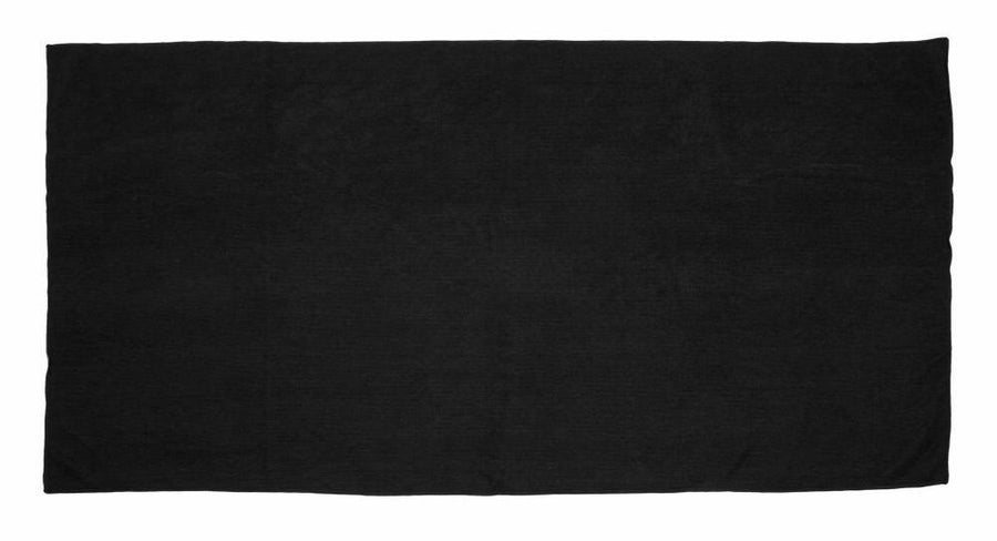 A plain black rectangular TC016 towel from Towel City spread out on a white background.
