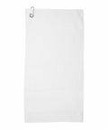 The TC033 model by Towel City is a white golf towel featuring a metal clip at the corner.