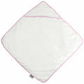 A white, square hooded baby towel with light pink trim from Towel City, product name TC036, is displayed laid flat.