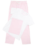 The TC053 pajama set by Towel City, featuring pink and white stripes with a short-sleeve top and long pants, is displayed on a white background.