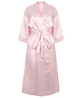 The Towel City TC054 is a light pink satin robe featuring a belt tie at the waist and three-quarter-length sleeves.