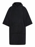 Towel City TC810 black hooded poncho, featuring a large front pocket, knee-length design, and crafted from soft fabric.