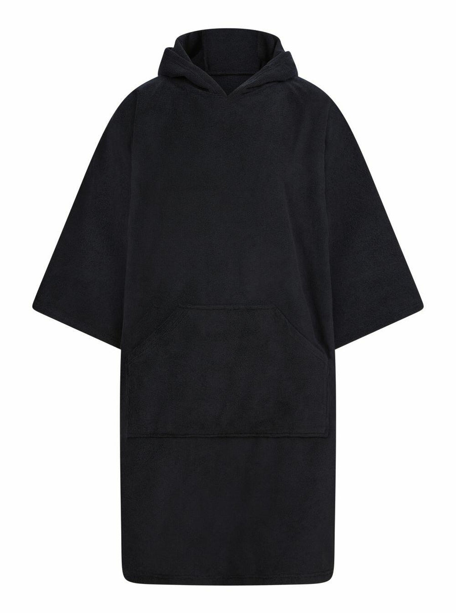 Towel City TC810 black hooded poncho, featuring a large front pocket, knee-length design, and crafted from soft fabric.