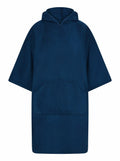 The Towel City TC810 is a dark blue poncho-style hooded beach towel featuring a front pocket.