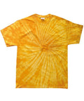 A Colortone TD01B T-shirt featuring a yellow spiral tie-dye pattern on a white background.