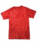 The Colortone TD01B is a red tie-dye T-shirt featuring a swirling pattern radiating from the center, set against a plain white background. It has short sleeves and a round neckline, highlighting its casual and vibrant style.