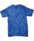Introducing the TD01B by Colortone: a dynamic blue tie-dye T-shirt showcasing a swirling pattern radiating from the center. This shirt features short sleeves and a classic round neckline, with varying shades of blue that create an eye-catching and vibrant appearance.