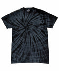 Experience the stylish TD01M by Colortone, a black tie-dye T-shirt featuring a mesmerizing spiral pattern originating at the top.