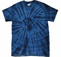 A Colortone t-shirt, model TD01M, featuring navy blue tie-dye with spiral patterns.