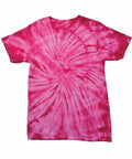 The TD01M by Colortone is a vibrant tie-dye T-shirt with a striking spiral pattern. It showcases an array of pink shades, creating a dynamic and colorful design across the fabric. The shirt is laid flat against a white background.