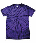 Introducing the Colortone TD01M: a captivating tie-dye t-shirt in purple with a mesmerizing spiral design originating from the center, showcasing a blend of various purple shades. This short-sleeved shirt is complemented by a round neckline for added comfort.