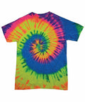 A Colortone TD02B tie-dye t-shirt featuring a spiral pattern in vibrant hues of yellow, orange, pink, blue, and green.