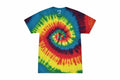 A vibrant Colortone TD02B tie-dye T-shirt featuring a spiral pattern in shades of red, yellow, blue, and green.