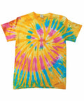 Introducing the Colortone TD02M, a tie-dye T-shirt featuring a spiral pattern in vibrant shades of orange, blue, yellow, and pink.