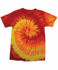 The TD02M T-shirt by Colortone features a vibrant red, orange, and yellow spiral tie-dye pattern.