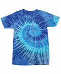 The TD02M by Colortone is a blue tie-dye t-shirt with a circular pattern in varying shades of blue and a prominent spiral design.