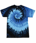 Experience the vibrant and dynamic effect of the TD02M by Colortone. This blue tie-dye T-shirt showcases a captivating spiral pattern, with dark and light blue hues artistically swirling from its center. Designed with short sleeves and a round neckline, it combines style and comfort seamlessly.