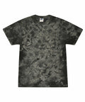 A Colortone TD02M t-shirt in a dark tie-dye style, combining black and gray patterns, is displayed flat against a white background. The shirt includes a classic crew neck and short sleeves.