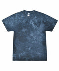The Colortone TD02M, a short-sleeve tie-dye T-shirt, is displayed flat against a white background. Its design showcases a unique marbled effect with swirling shades of dark and light blue.