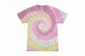 Introducing the Colortone TD02M, a vibrant short-sleeve tie-dye t-shirt featuring a captivating spiral pattern in pink, yellow, and white.