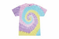 Product Name: TD02M by Colortone, features a tie-dye T-shirt with a vibrant spiral pattern in pastel shades of purple, pink, blue, and yellow on a white background. Displayed flat to highlight its stunning design.