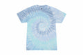 The product, TD02M by Colortone, features a blue and white tie-dye T-shirt with a spiral pattern. Displayed flat against a plain background, the shirt highlights its short sleeves and round neckline.