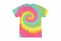 A Colortone TD02M tie-dye t-shirt featuring a spiral pattern in vibrant pink, yellow, green, and blue colors.