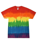 Introducing the Colortone TD02M, a vibrant tie-dye T-shirt featuring horizontal bands of red, orange, yellow, green, blue, and purple. It boasts a classic crew neckline for a timeless look.