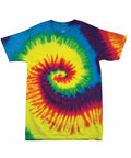 The TD02M t-shirt by Colortone showcases a vibrant tie-dye design with a spiral pattern, featuring an array of blue, yellow, green, red, and orange colors that create a swirling effect across the entire shirt.