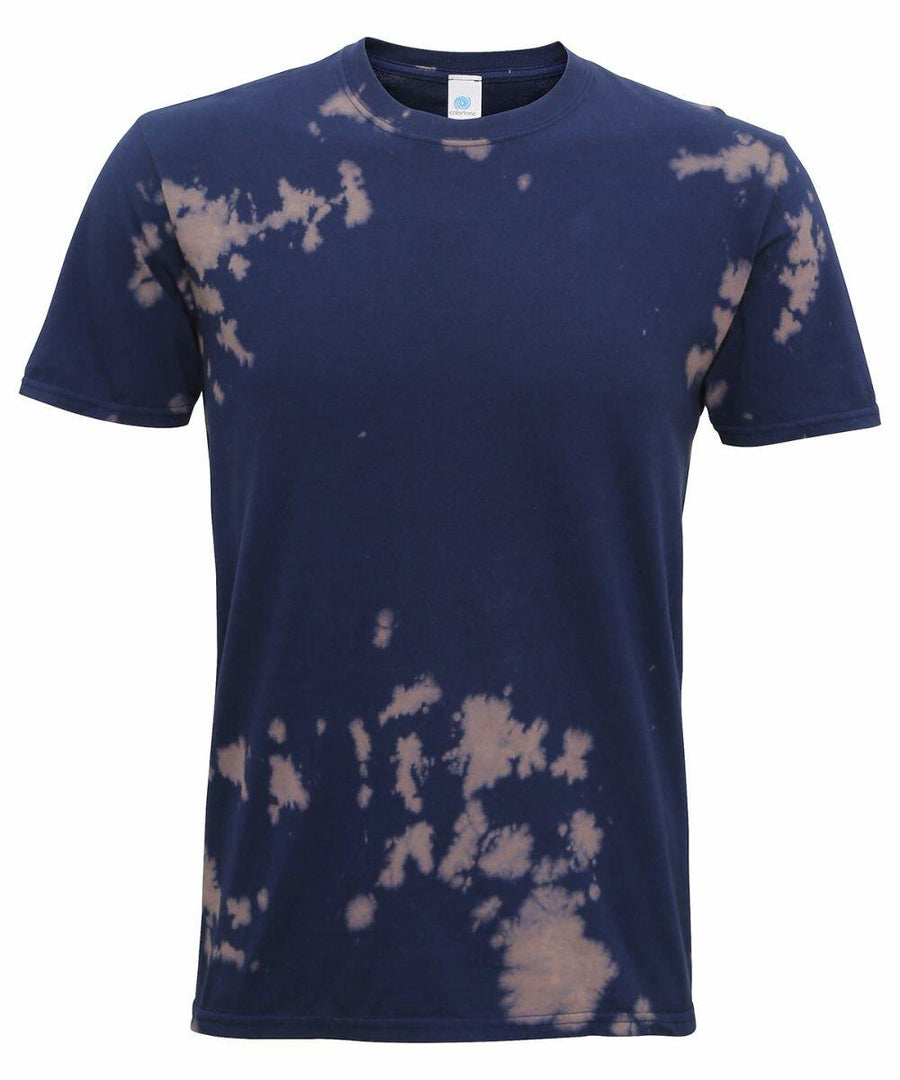 The TD09M by Colortone is a navy blue t-shirt featuring scattered beige tie-dye patterns.