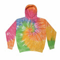 A vibrant Colortone TD31M tie-dye hoodie showcasing a blend of pink, blue, green, and orange hues, laid flat.