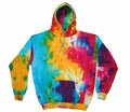 The Colortone TD31M is a vibrant tie-dye hoodie showcasing an array of orange, blue, green, pink, and yellow swirls and patterns. It features a front pocket and drawstrings for added functionality.
