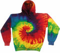 Introducing the Colortone TD31M, a vibrant tie-dye hoodie showcasing swirls of red, blue, yellow, and green. This design brings a psychedelic touch to the fabric with its colorful pattern, complete with a front pocket and drawstring hood.