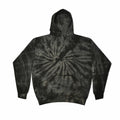 Introducing the Colortone TD31M, a stylish hoodie in black and gray tie-dye with a swirling pattern. It features a convenient hood and front kangaroo pocket, complete with elastic cuffs on the sleeves and waistband for added comfort.
