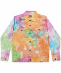 Introducing the Colortone TD32M, a vibrant multicolored tie-dye denim jacket featuring front buttons and two convenient chest pockets.