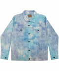 The TD32M denim jacket by Colortone features a blue and white tie-dye design, complete with black buttons and two chest pockets.