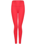 The Tombo TL370 leggings are bright red, high-waisted, and designed for a snug fit. They feature a seamless finish and are suitable for both athletic and casual wear. The leggings are showcased from the front against a plain white background, emphasizing their vibrant color.