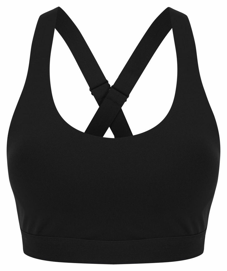 A black TL371 sports bra by Tombo, featuring wide straps and a crisscross back design.