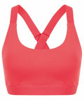 The Tombo TL371 is a red sports bra featuring wide, supportive straps that cross at the back. It boasts a sleek design with a smooth finish and an elasticated band to ensure both comfort and support.