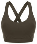 The Tombo TL371 is a dark green sports bra designed with a scoop neckline and a racerback featuring crossed straps. It is made from smooth, stretchy material that provides both support and comfort.