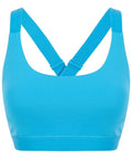 Introducing the Tombo TL371: a bright blue sports bra featuring wide straps and a scoop neckline. The back showcases a unique crisscross strap design, crafted from smooth and stretchy fabric ideal for athletic activities.