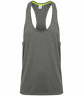 Tombo's TL504, a gray racerback tank top with a scoop neckline, is displayed on a white background.