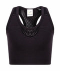Tombo TL697: A black athletic top featuring sleeveless design and mesh detailing on the shoulders and chest area.
